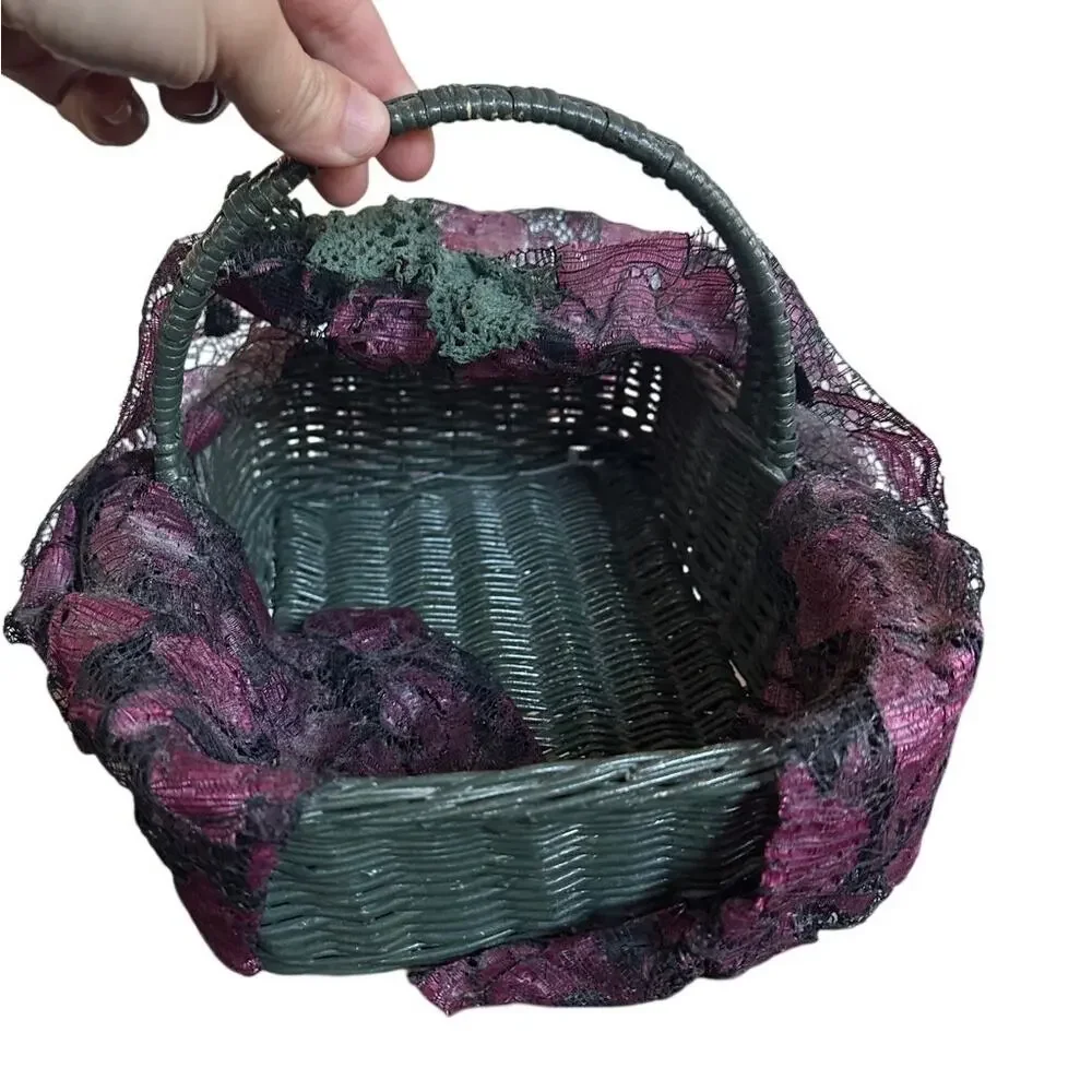 Vintage Green & Purple Lace Wrapped Basket